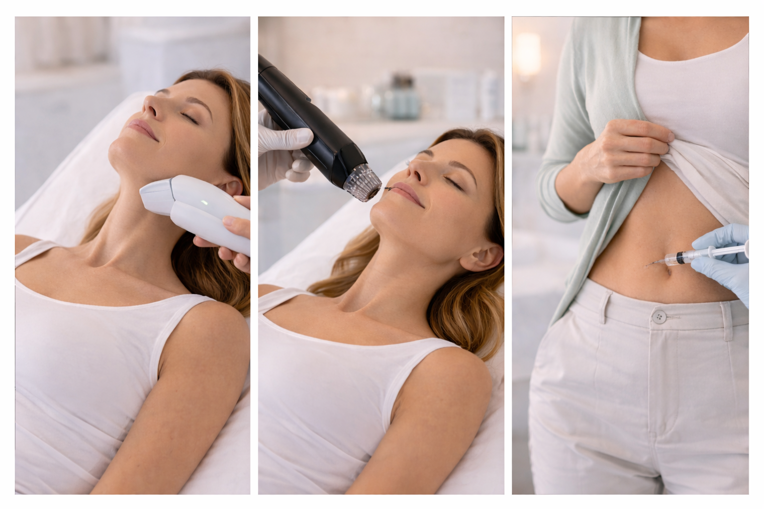 A softly-lit image of a woman standing in front of a mirror, gently touching her waist. The image is designed to feel calm, intimate and relatable, reflecting the tone of the aesthetic treatments section.